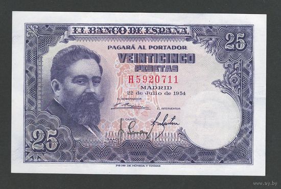 Испания 25 песет 1954 года. Тип P-147. Состояние аUNC