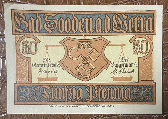 Нотгельд , 50 пфеннигов, Бад-Зоден-алль-Зерра. 1921 год. Веймарская республика