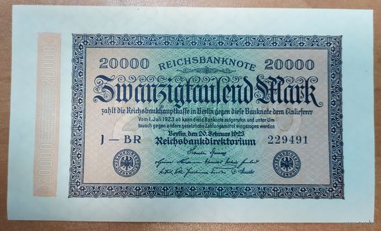 20000 марок 1923 года - Германия - aUNC-UNC - Ro.84g - нечастый в/з Gitter - 6 цифр