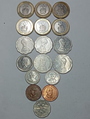 Ямайка 20 долларов 2000 , 2001 , 2006 , 2008 , 2015 , 2017 , 10 долларов 1999 , 2000 , 2005 , 2008 , 2017 , 5 долларов 2017 , 1 доллар 2015 , 2018 , 25 центов 1996 , 2008 и 1 цент 1986 года .