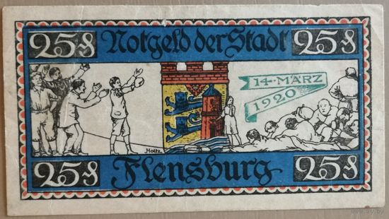 Германия 25 пфеннигов 1920 г Фленсбург (Flensburg) 369.2, B1, Рв. вар.2, XF