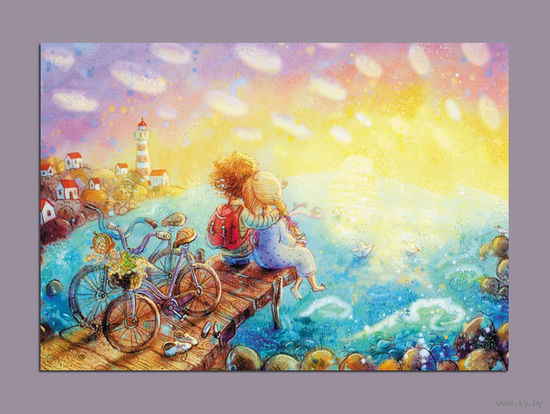 Открытка почтовая. Лето. МОре. Маяк. Пара. Дети. Путешествие. Велосипеды. Худож. А.Столбова (чистая)