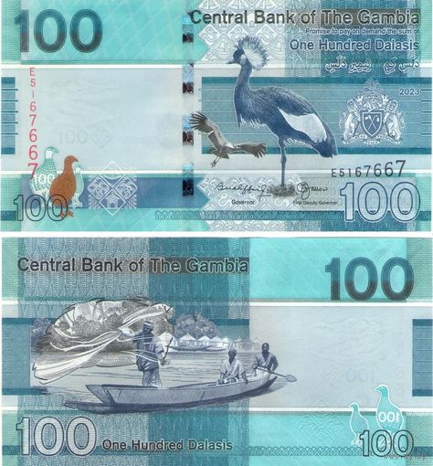 Гамбия 100 даласи 2023 год UNC (Коронованный журавль)