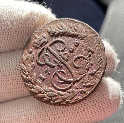 2 копейки 1766 ММ Перечекан из 4-х копеек 1762 года