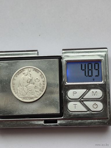 1/5 соль 1900 года. Перу, Республика Перу (1863 - 1917). Серебро 900. Монета не чищена. H45617.