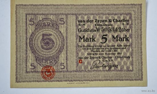 1919 год 5 марок Германия нотгельд