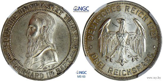 3 марки 1927 г. F. Веймарская республика. Германия. NGC MS 63. 450 лет Тюбингенскому университету. Серебро. Очень редкие. 50 тыс. шт. КМ# 54
