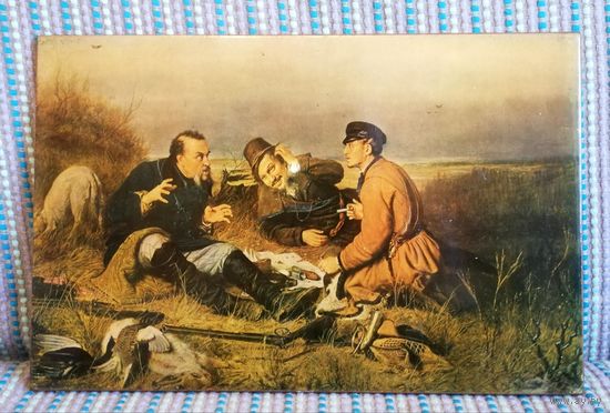 Репродукция на фанере "Охотники на привале", глянец, СССР