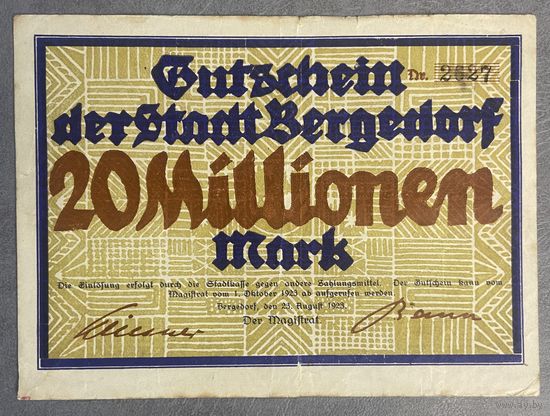 Банкнота 20 миллионов марок 1923 год. Бергедорф. Веймарская республика. С рубля без МЦ