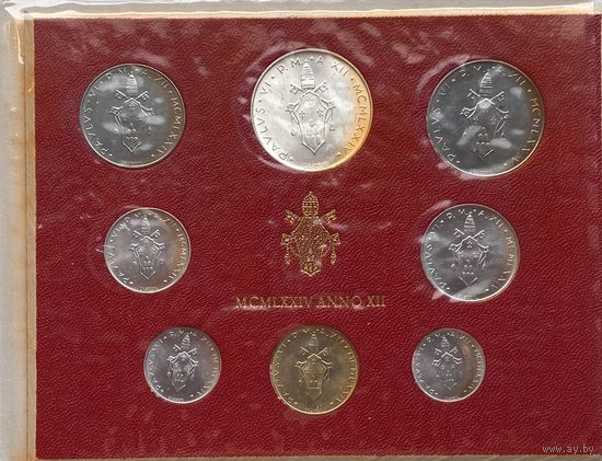 Ватикан 1, 2, 5, 10, 20, 50, 100, 500 лир 1974 г. Годовой набор 8 монет с серебром