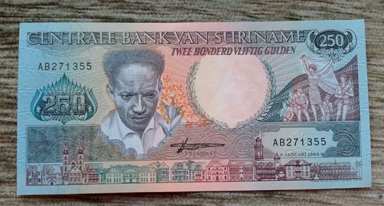 Werty71 Суринам 250 гульденов 1988 UNC банкнота красивый номер