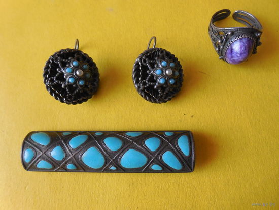 Старая брошь СССР эмаль, серьги, кольцо.