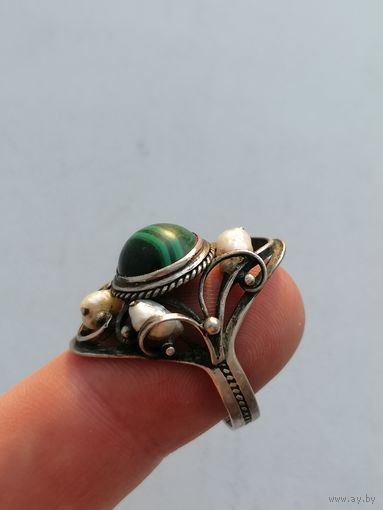 Редкое кольцо СССР серебро 916 пр, речной жемчуг, малахит, торги с Рубля