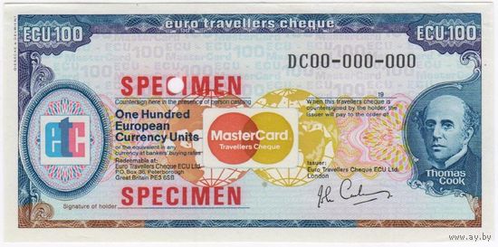 Дорожный чек. 100 экю. Образец. Бюро Томаса Кука.