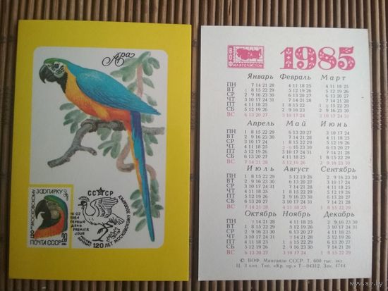 Карманный календарик.1985 год. Филателия. Попугай