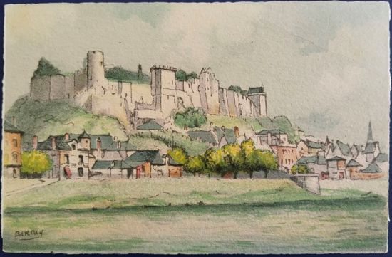Художественная открытка с акварели, г.Шинон. Из Франции в Германию. 1946 г.