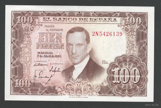 Испания 100 песет 1953 года. Тип P-145. Состояние UNC