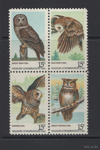 США /United States 1978** Птицы Совы Кварт блок Mi#1358-1361