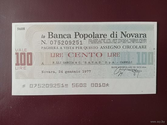 Италия Банковский чек 100 лир 1977 UNC