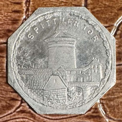 Германия Нюрнберг нотгельд 20 пфеннигов 1921 . одни из ворот в Нюрнберге. трамвайный жетон