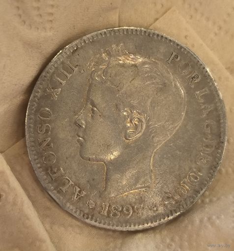 5 песет 1897 Испания крупное серебро