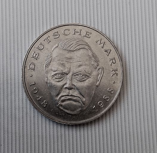 2 марки 1989 года (F) Германия. Федеративная республика (ФРГ). Людвиг Эрхард. 40 лет ФРГ. Единственная на аукционе!
