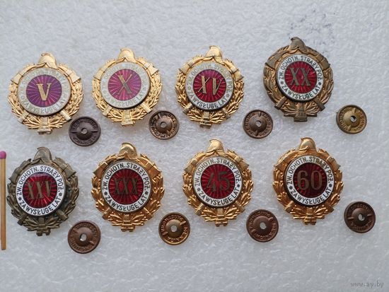 Набор знаков ПНР. Пожарник, за выслугу 5, 10, 15, 20, 25, 30, 45, 60 лет. тяжёлые, винты