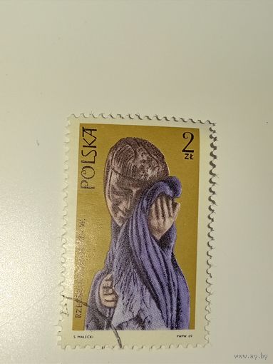 Польша 1969 Изображение скульптуры плачущей женщины из серии "Народное искусство"