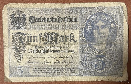 Банкнота 5 марок 1917 год. Германская империя.