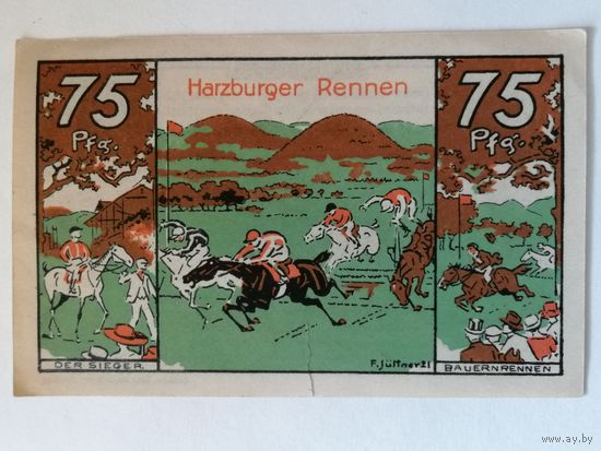 Германия, нотгельды, 75 пфеннигов 1921 год, выпуск города Гарцбург, состязания кентавров