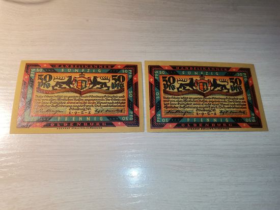 Нотгельды номиналом 50пфениннгов , 1921 года, Ольденбург, Германия.