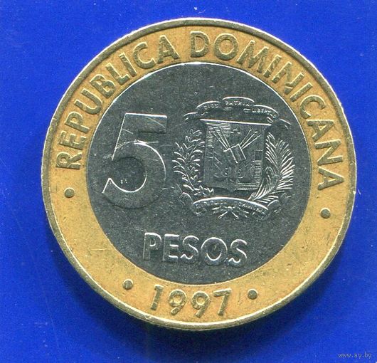 Доминиканская Республика 5 песо 1997 , 50 лет Нацбанку , биметалл