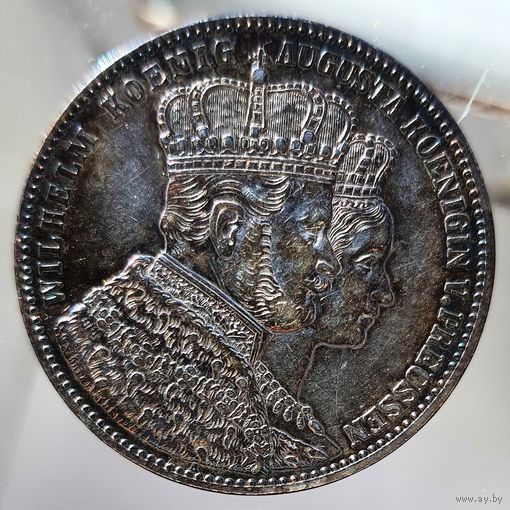 Талер Пруссия 1861 Коронация Вильгельма и Августы в красивой радужной патине UNC