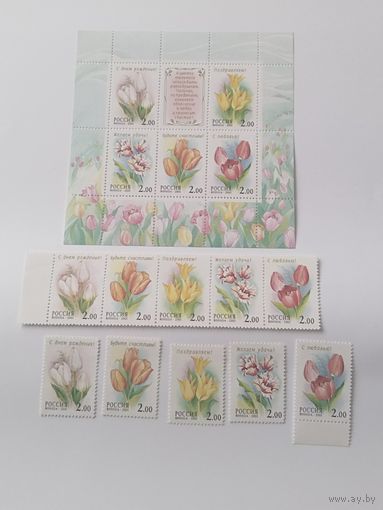Россия  2001 5 м+сцепка из 5 м+м/лист тюльпаны