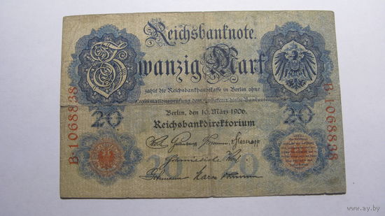 Германия 20 марок 1906 г. Ro 24 b  ( 7 цифр в номере )