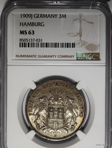 3 марки 1909 Гамбург ms 63 NGC
