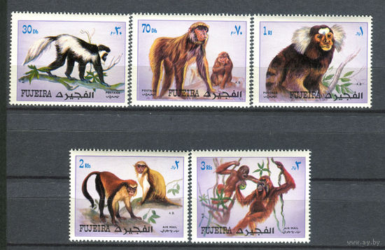 Фуджейра - 1972г. - Обезьяны - 5 марок - полная серия, MNH, 1 марка с полосой на клее [Mi 1532-1536]. #O-Se-Z-1-2