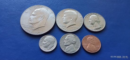 Сборка 1 доллар,50,25,10,5 и 1 центы 1976 год США "200 лет Независимости" (Состояние на фото)