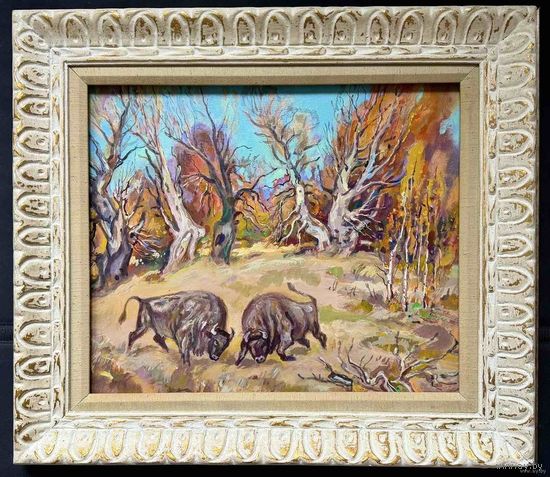 Поплавский Г.Г. Каталожная работа "Осенняя пора.Схватка великанов", 2004г. Холст, акрил. Размер 55х65 см.