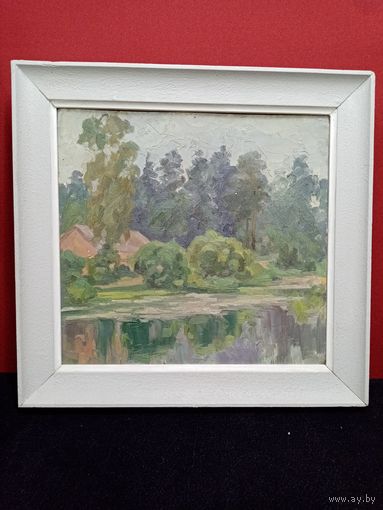 С рубля без мц. картина "речной пейзаж", 44х44см. фанера масло, надпись на раме: "Охримук"