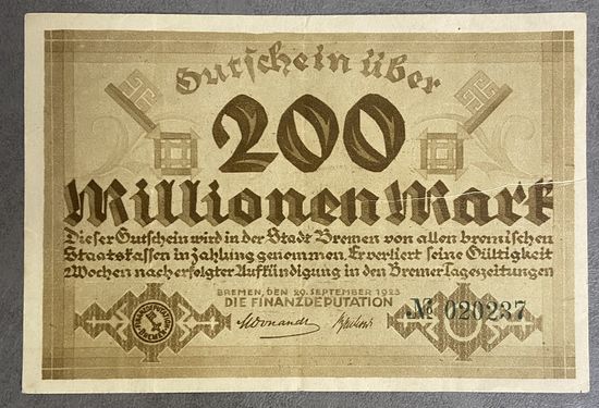 Банкнота 200 миллионов марок 1923 год. Бремен. Веймарская республика.