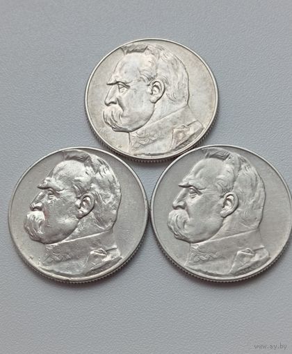 5 злотых Пилсудский 1934,35,36г.Отличные.
