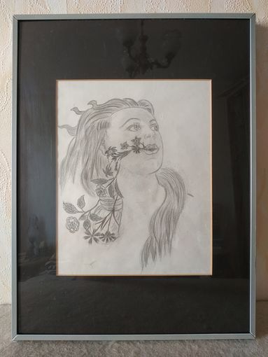 Рисунок карандашом, графический портрет в рамке.