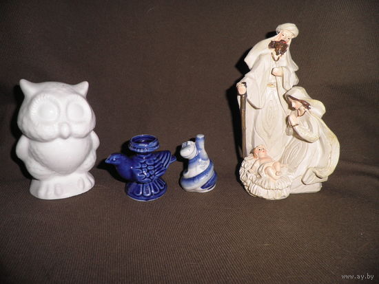 Статуэтки Синий змей ГЖЕЛЬ (фарфор,надпись Водка 40 градусов),Святое семейство(полистоун),Сова(шлифованный гипс.).С рубля.