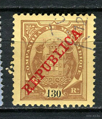 Португальские колонии - Мозамбик (Comp de Mocambique) - 1911 - Слоны с гербом и надпечатка REPUBLICA 130R - [Mi.72] - 1 марка. Гашеная.  (Лот 17HY)-TG3P47