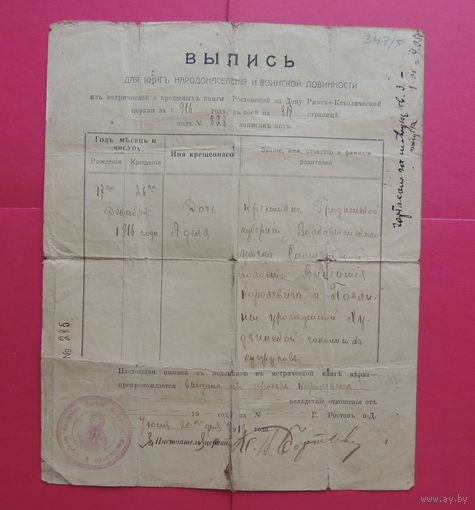 Выписка из книги народонаселения и воинской обязанности, Ростовская церковь, 1918 г.