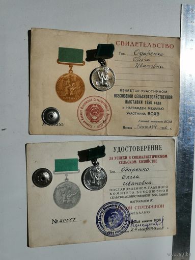 ВСХВ (ВДНХ) малая серебряная медаль 1955 20557 с удостоверением +участник с удостов. на одного