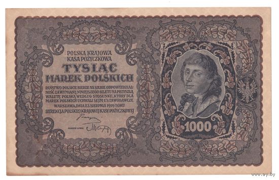 Польша 1000 марок 1919 года. Костюшко. III серия AG. Префикс из двух букв. Состояние XF+/aUNC! Тип P029. Нечастая!