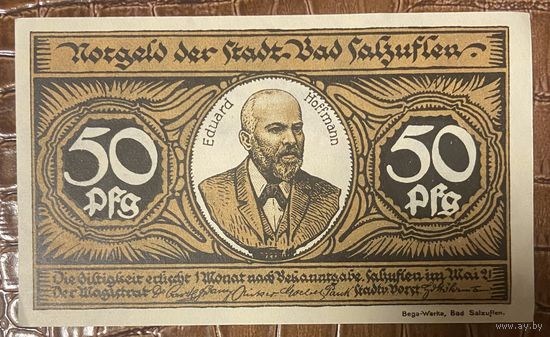 Нотгельд 50 пфеннигов 1921 год. Бад-Зальцуфлен. Веймарская республика
