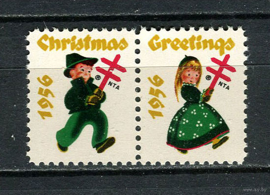 США - 1956 - Рождество и Новый год - сцепка - 2 виньетки. MNH, MLH.  (LOT Gс24)-T10P7